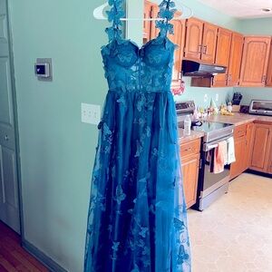 Peacock colored Butterfly Embroidered Dress